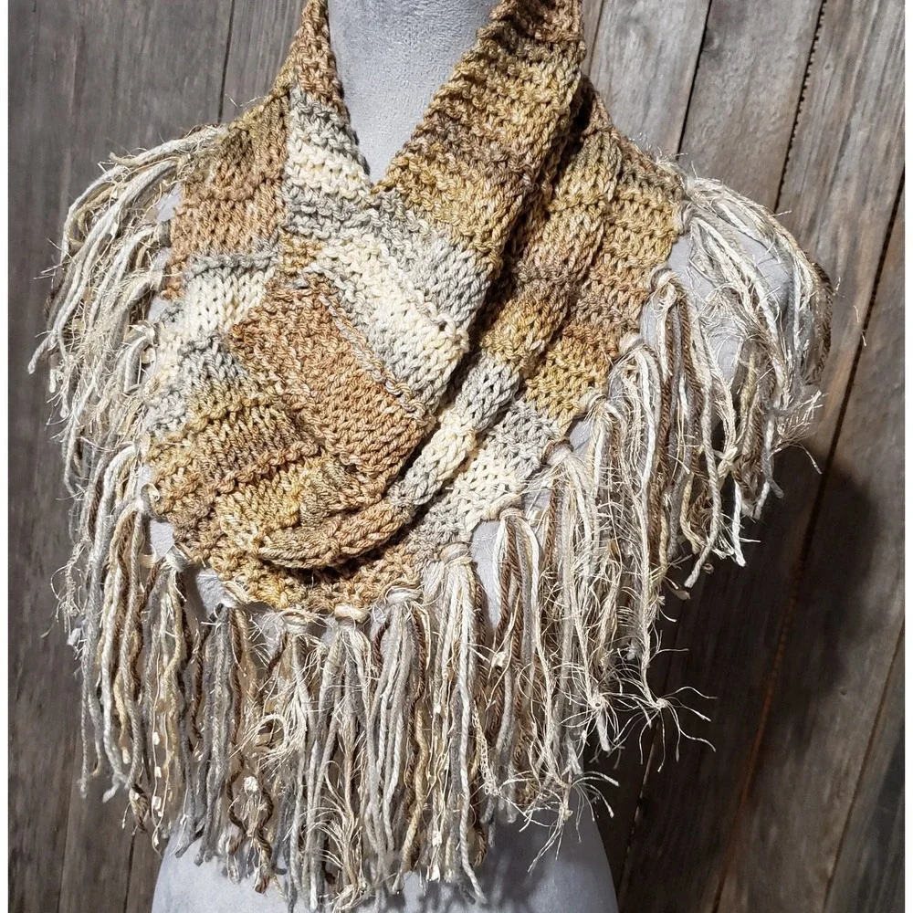 NEW Hand Knitted‎ Tan Gray Cream Boho Cowl Scarf Earthy Indie Artsy Cottagecore